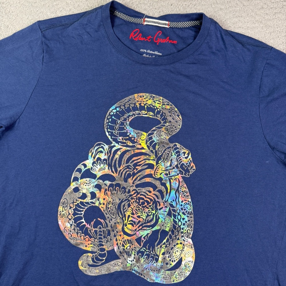Robert Graham Shirt Mens XL Navy Blue Tiger Snake Graphic Tee Short Sleeve